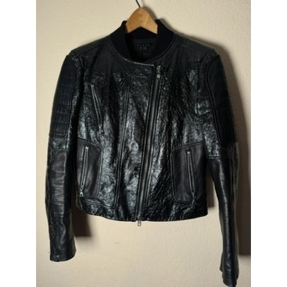 Theory Lambskin Leather Moto Jacket Black Ribbed Trim Women's Medium - Picture 1 of 10